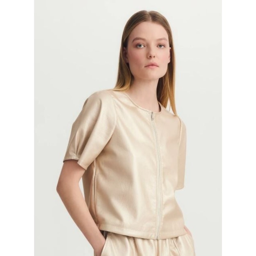 Melissa Nepton Houston Metallic Champagne Faux Leather Zip Front Top Women's XS